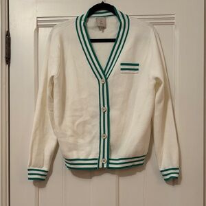 Sioni White Cardigan with Teal Accents Size M